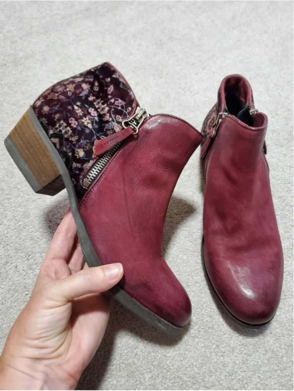 MIZ MOOZ Bangkok Leather & Floral Velvet Ankle Boots Red 39EU 8.5US Burnished